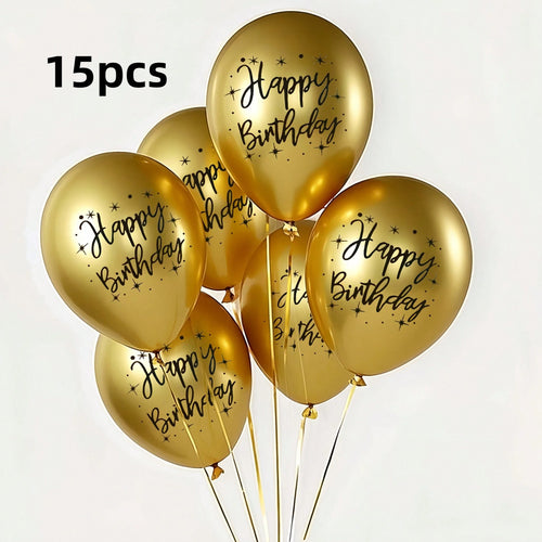 15pcs Golden Happy Birthday Latex Balloons, 10 Inch Birthday Celebration Balloons, Suitable For Baby Showers, Baby Showers, Birthday Parties