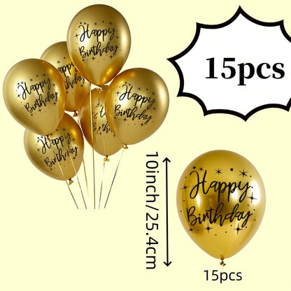 15pcs Golden Happy Birthday Latex Balloons, 10 Inch Birthday Celebration Balloons, Suitable For Baby Showers, Baby Showers, Birthday Parties
