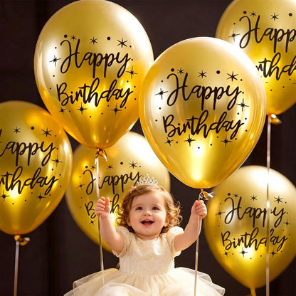 15pcs Golden Happy Birthday Latex Balloons, 10 Inch Birthday Celebration Balloons, Suitable For Baby Showers, Baby Showers, Birthday Parties