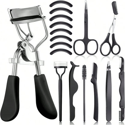 17 Pcs Black Eyelash Curler Set, Equipped With Eyelash Curler, Eyelash Comb, Separator, Extension Tweezers, Scissors, Eyelash Applicator, Trimmer, Silicone Replacement Pad, Portable Multifunctional Ey