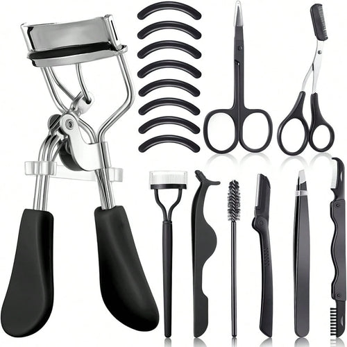 17 Pcs Black Eyelash Curler Set, Equipped With Eyelash Curler, Eyelash Comb, Separator, Extension Tweezers, Scissors, Eyelash Applicator, Trimmer, Silicone Replacement Pad, Portable Multifunctional Ey