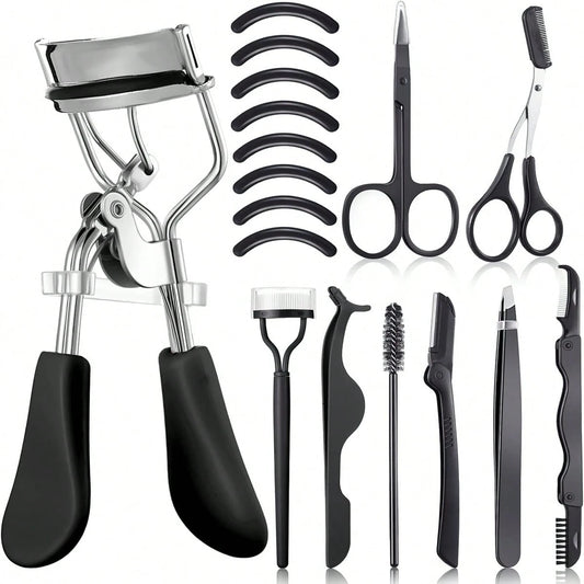 17 Pcs Black Eyelash Curler Set, Equipped With Eyelash Curler, Eyelash Comb, Separator, Extension Tweezers, Scissors, Eyelash Applicator, Trimmer, Silicone Replacement Pad, Portable Multifunctional Ey
