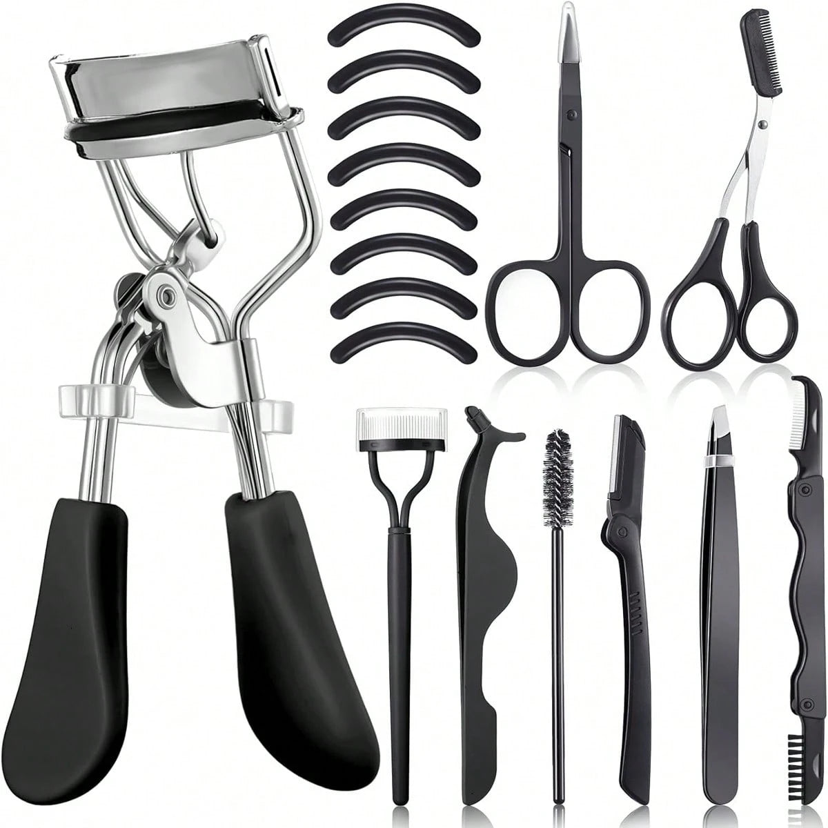 17 Pcs Black Eyelash Curler Set, Equipped With Eyelash Curler, Eyelash Comb, Separator, Extension Tweezers, Scissors, Eyelash Applicator, Trimmer, Silicone Replacement Pad, Portable Multifunctional Ey