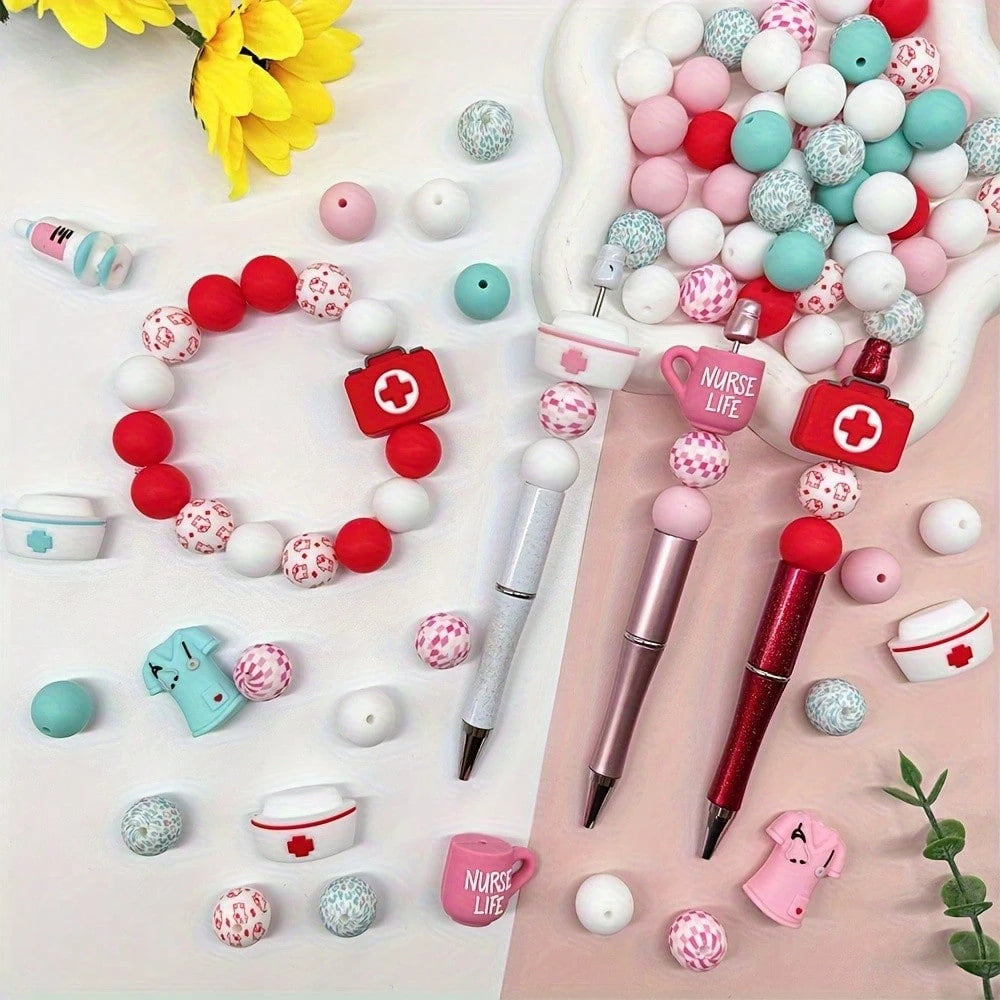 18-Piece Nurse Series Silicone Bead Set, 15mm Round Beads With Colorful Patterns, Used For DIY Jewelry Making, Bracelets, Necklaces, Bead Pens, Keychains, And Handicrafts- Beads & Bead Assortments