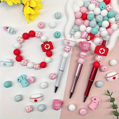 18-Piece Nurse Series Silicone Bead Set, 15mm Round Beads With Colorful Patterns, Used For DIY Jewelry Making, Bracelets, Necklaces, Bead Pens, Keychains, And Handicrafts- Beads & Bead Assortments