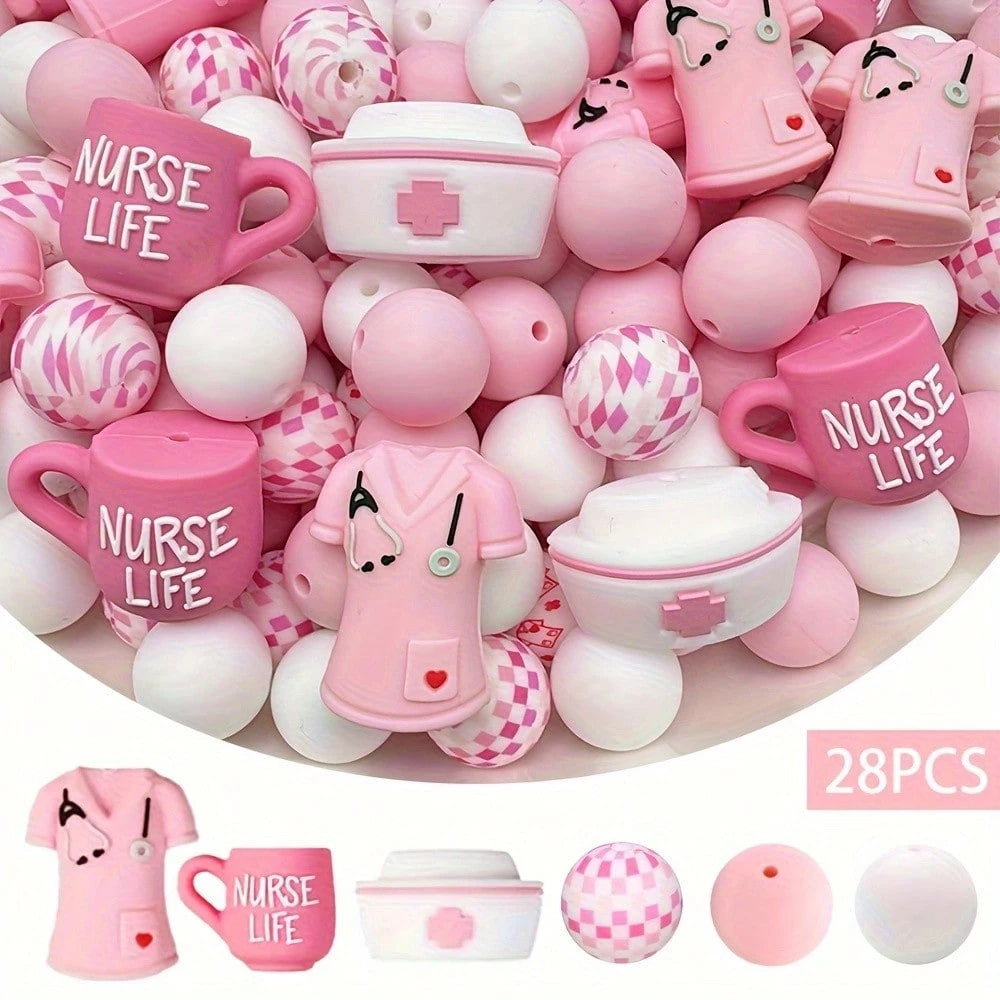 18-Piece Nurse Series Silicone Bead Set, 15mm Round Beads With Colorful Patterns, Used For DIY Jewelry Making, Bracelets, Necklaces, Bead Pens, Keychains, And Handicrafts- Beads & Bead Assortments