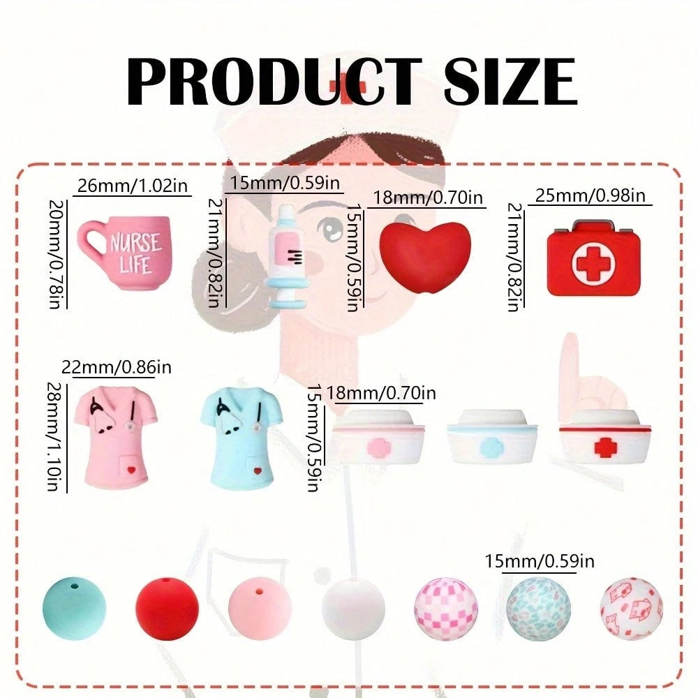18-Piece Nurse Series Silicone Bead Set, 15mm Round Beads With Colorful Patterns, Used For DIY Jewelry Making, Bracelets, Necklaces, Bead Pens, Keychains, And Handicrafts- Beads & Bead Assortments