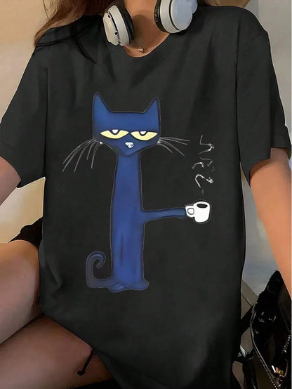 180g Loose Single-Sided Short-Sleeved Pure Cotton Printed T-Shirt Tops Pure Cotton Short-Sleeved 100% " Cat Coffee Women's Short Sleeve Graphic"