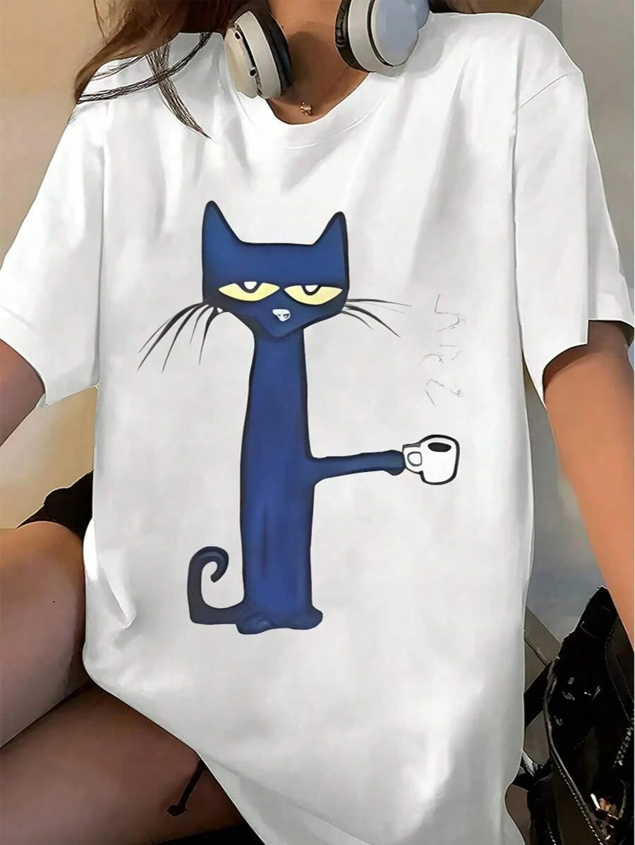 180g Loose Single-Sided Short-Sleeved Pure Cotton Printed T-Shirt Tops Pure Cotton Short-Sleeved 100% " Cat Coffee Women's Short Sleeve Graphic"