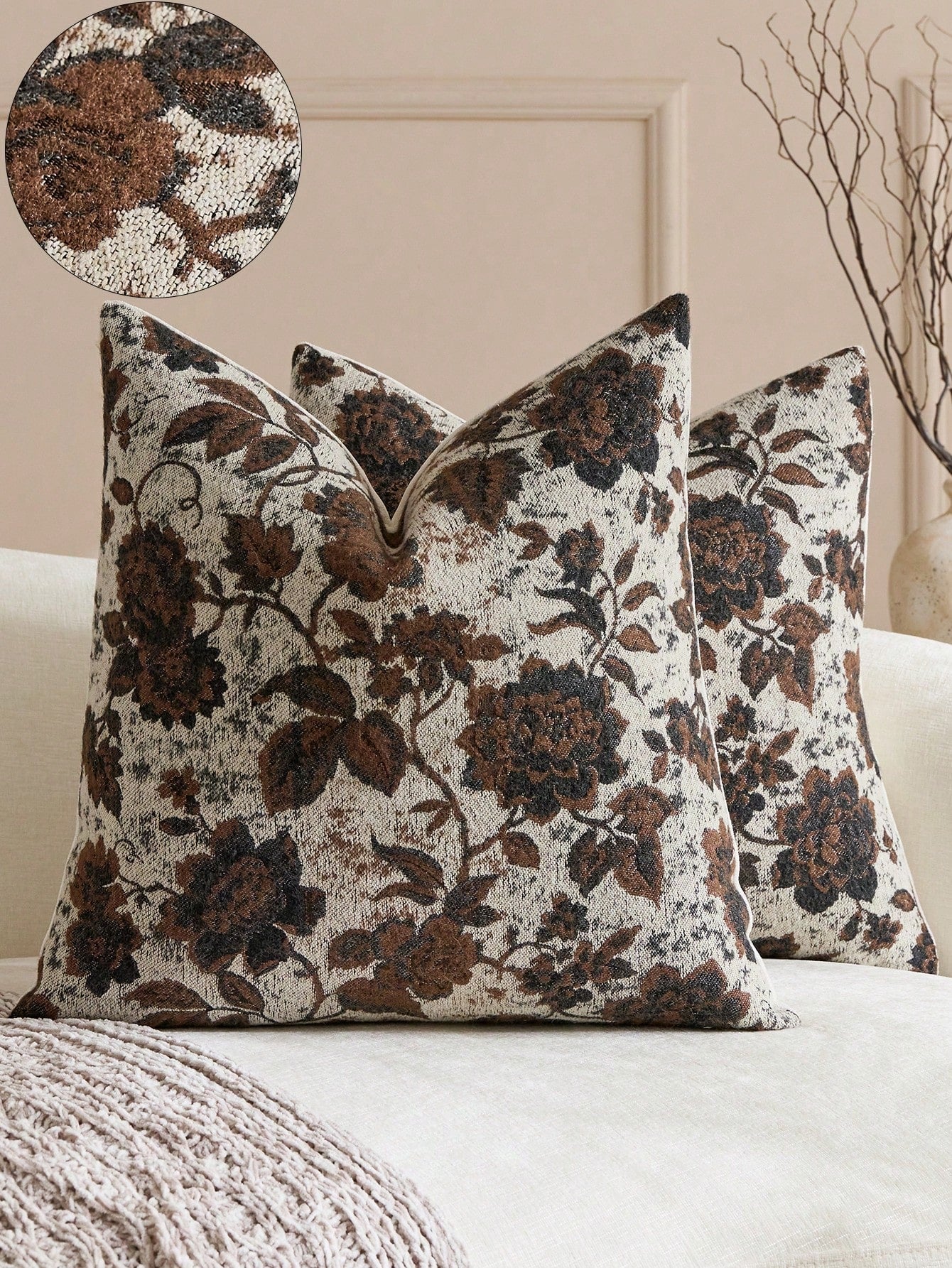 18in X 18in Neutral Floral Throw Pillow Cover, Vintage Velvet Square Pillowcase, Soft Decorative Farmhouse Style Sofa Pillow Cover, Suitable For Living Room Bedroom (1pc, 2pcs Optional)