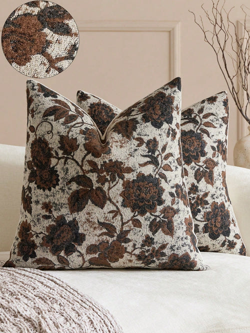 18in X 18in Neutral Floral Throw Pillow Cover, Vintage Velvet Square Pillowcase, Soft Decorative Farmhouse Style Sofa Pillow Cover, Suitable For Living Room Bedroom (1pc, 2pcs Optional)
