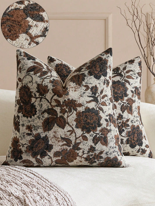 18in X 18in Neutral Floral Throw Pillow Cover, Vintage Velvet Square Pillowcase, Soft Decorative Farmhouse Style Sofa Pillow Cover, Suitable For Living Room Bedroom (1pc, 2pcs Optional)