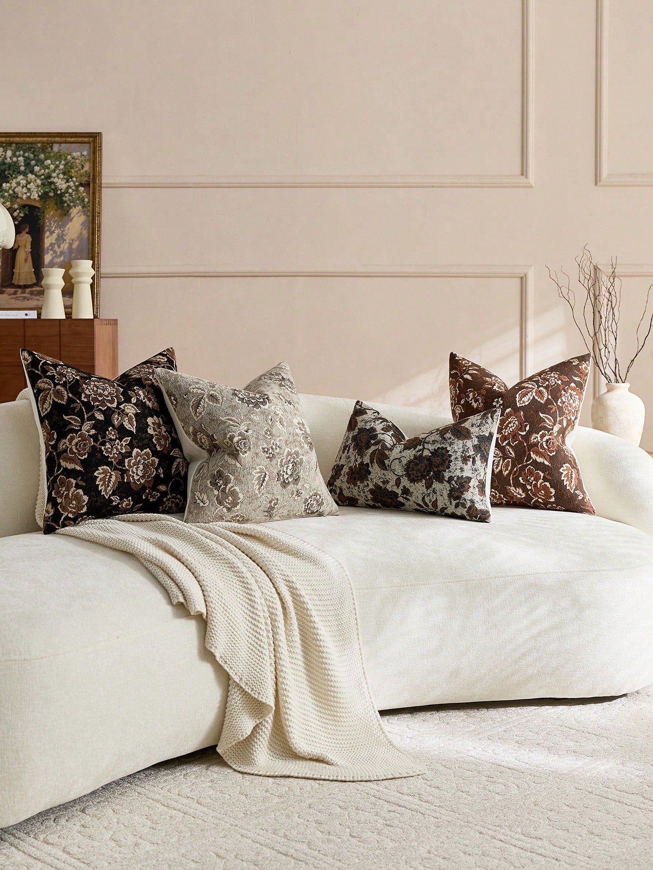 18in X 18in Neutral Floral Throw Pillow Cover, Vintage Velvet Square Pillowcase, Soft Decorative Farmhouse Style Sofa Pillow Cover, Suitable For Living Room Bedroom (1pc, 2pcs Optional)