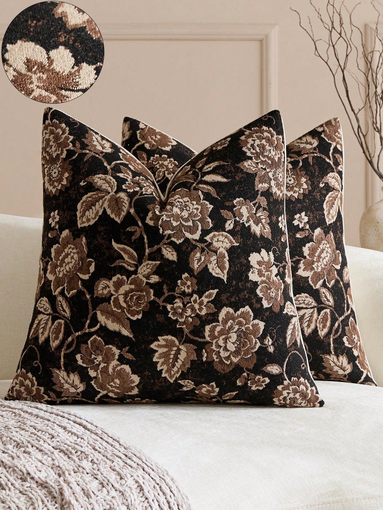 18in X 18in Neutral Floral Throw Pillow Cover, Vintage Velvet Square Pillowcase, Soft Decorative Farmhouse Style Sofa Pillow Cover, Suitable For Living Room Bedroom (1pc, 2pcs Optional)
