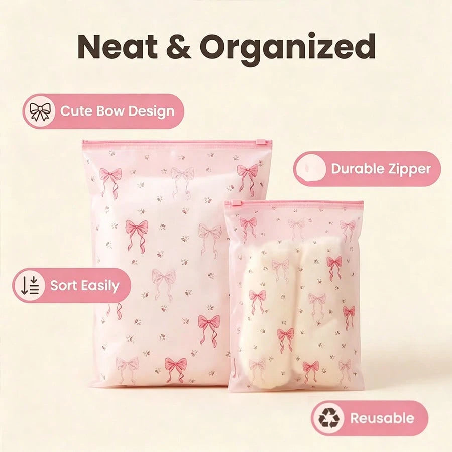 18pcs Transparent Floral Bow Zipper Storage Bags, [11 Inches/115.7 Inches], Suitable For Men And Women, Clothes, Socks, Toiletries, Towels, Space-Saving And Durable, Perfect For Suitcases, Drawers, Ba