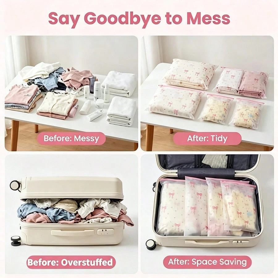 18pcs Transparent Floral Bow Zipper Storage Bags, [11 Inches/115.7 Inches], Suitable For Men And Women, Clothes, Socks, Toiletries, Towels, Space-Saving And Durable, Perfect For Suitcases, Drawers, Ba