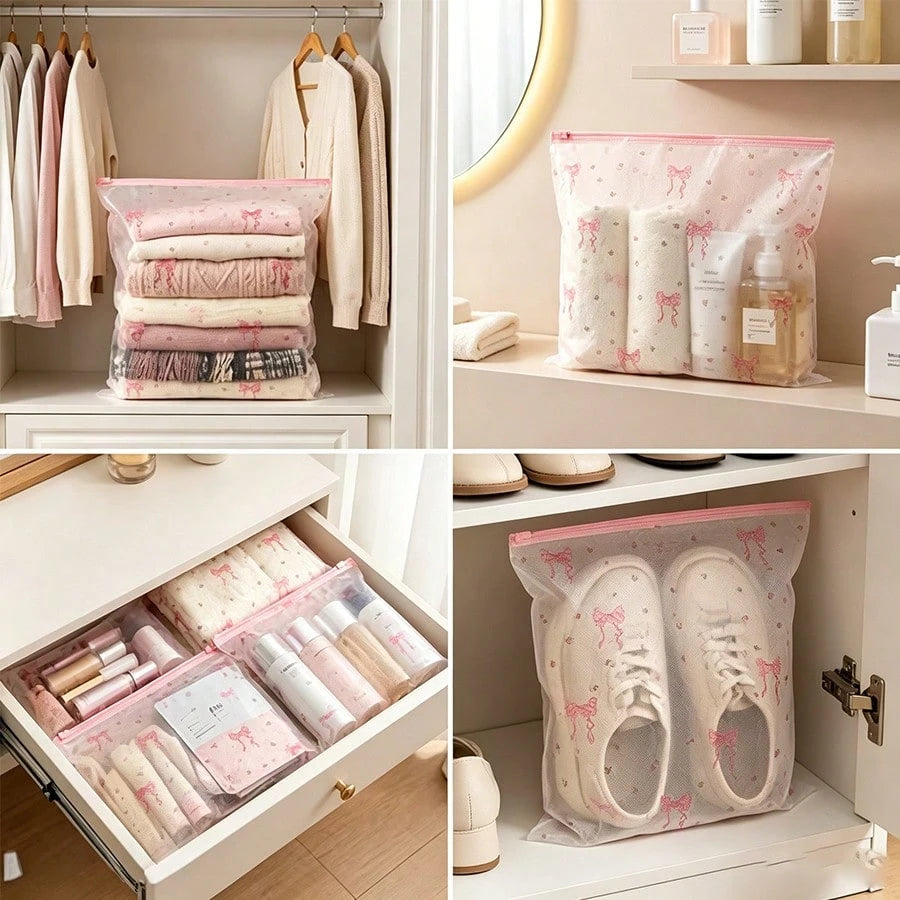 18pcs Transparent Floral Bow Zipper Storage Bags, [11 Inches/115.7 Inches], Suitable For Men And Women, Clothes, Socks, Toiletries, Towels, Space-Saving And Durable, Perfect For Suitcases, Drawers, Ba