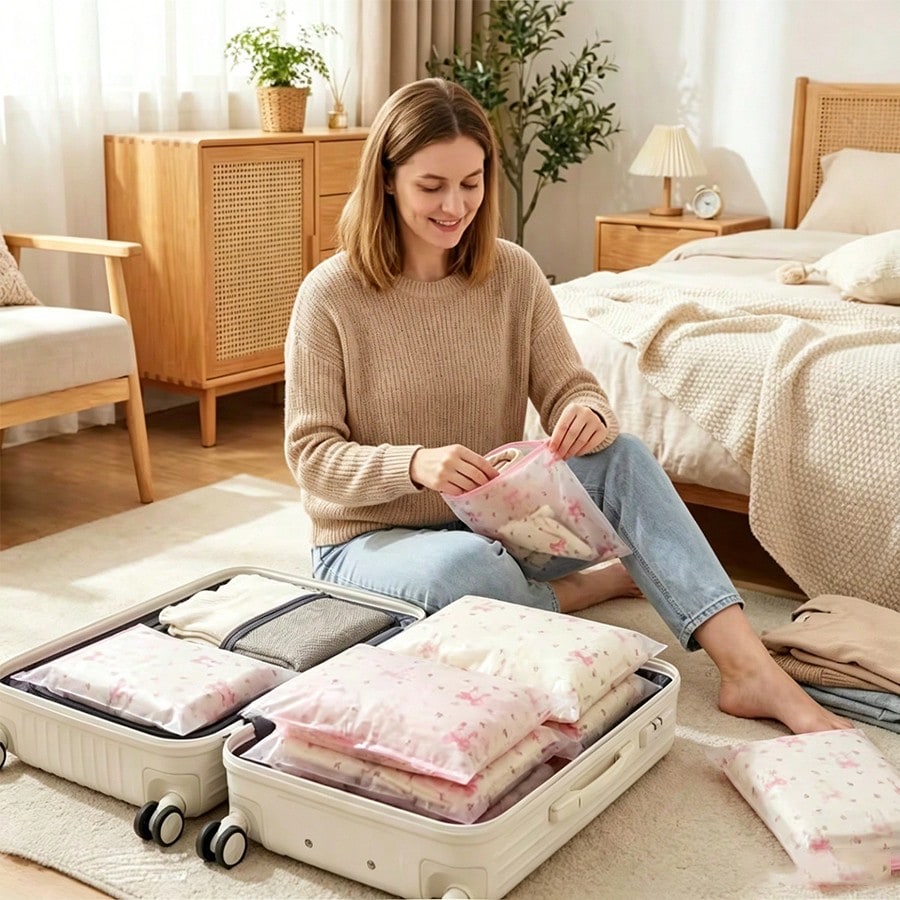 18pcs Transparent Floral Bow Zipper Storage Bags, [11 Inches/115.7 Inches], Suitable For Men And Women, Clothes, Socks, Toiletries, Towels, Space-Saving And Durable, Perfect For Suitcases, Drawers, Ba
