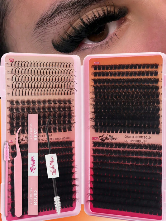 1BOX/2BOXES 640PCS/1280PCS Lash Cluster Set, Individual Cluster Lashes, D Curl, DIY False Lashes,50D+80D+100D+120D Mixed Density, Mink-Like Hair, Includes Eyelash Glue,Tweezers,Brush,Christmas, Party