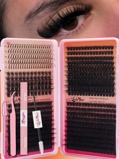 1BOX/2BOXES 640PCS/1280PCS Lash Cluster Set, Individual Cluster Lashes, D Curl, DIY False Lashes,50D+80D+100D+120D Mixed Density, Mink-Like Hair, Includes Eyelash Glue,Tweezers,Brush,Christmas, Party