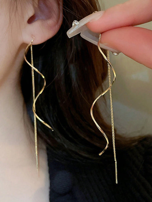 1pair Gold-Tone Twist Geometric Threader Earrings Elegant Party. Valentine's Day Accessories