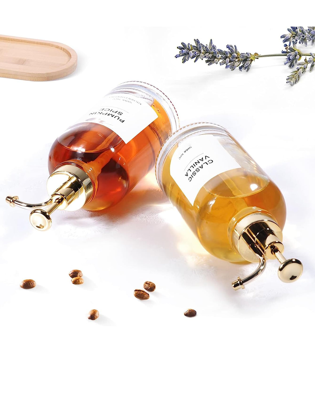 1pc 16.9oz Coffee Syrup Dispenser, Suitable For Coffee Bar, With Label And Gold Pump Head; 500ml Glass Syrup Bottle, Suitable For Home Bar, Transparent Glass Material (Stickers Not Included), Essentia
