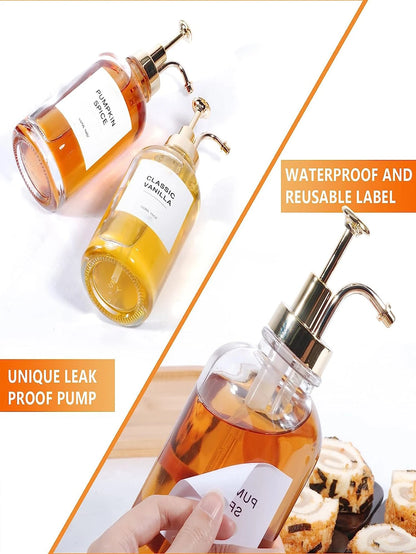 1pc 16.9oz Coffee Syrup Dispenser, Suitable For Coffee Bar, With Label And Gold Pump Head; 500ml Glass Syrup Bottle, Suitable For Home Bar, Transparent Glass Material (Stickers Not Included), Essentia