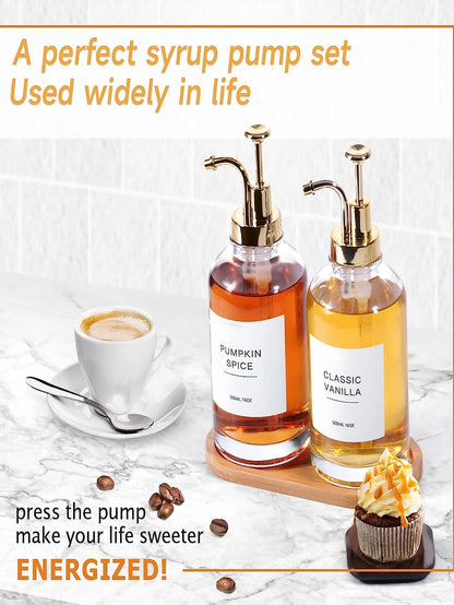 1pc 16.9oz Coffee Syrup Dispenser, Suitable For Coffee Bar, With Label And Gold Pump Head; 500ml Glass Syrup Bottle, Suitable For Home Bar, Transparent Glass Material (Stickers Not Included), Essentia