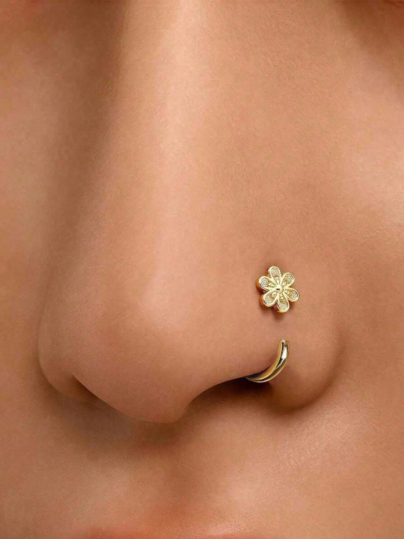 1pc 18K Gold Plated Stainless Steel C-Shaped Mini Zirconia Flower Nose Ring, Hypoallergenic Lightweight Nose Jewelry Earring Nose Piercing Jewelry Lip Ring Nose Ring Women Lip Ring Earring Cartilage R
