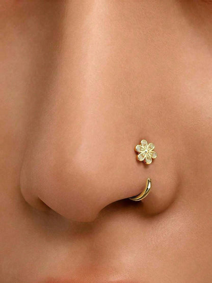 1pc 18K Gold Plated Stainless Steel C-Shaped Mini Zirconia Flower Nose Ring, Hypoallergenic Lightweight Nose Jewelry Earring Nose Piercing Jewelry Lip Ring Nose Ring Women Lip Ring Earring Cartilage R