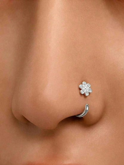 1pc 18K Gold Plated Stainless Steel C-Shaped Mini Zirconia Flower Nose Ring, Hypoallergenic Lightweight Nose Jewelry Earring Nose Piercing Jewelry Lip Ring Nose Ring Women Lip Ring Earring Cartilage R
