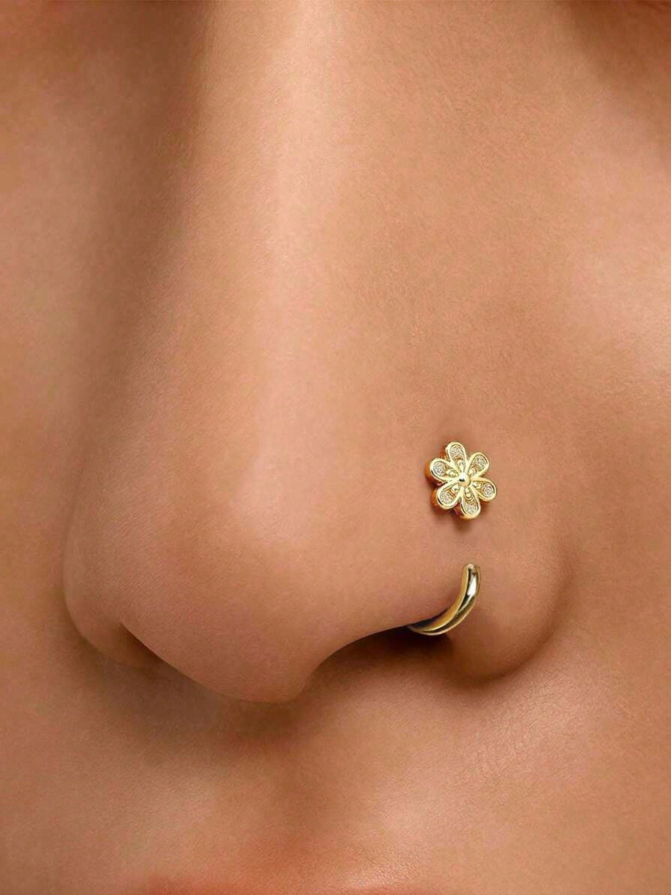 1pc 18K Gold Plated Stainless Steel C-Shaped Mini Zirconia Flower Nose Ring, Hypoallergenic Lightweight Nose Jewelry Earring Nose Piercing Jewelry Lip Ring Nose Ring Women Lip Ring Earring Cartilage R