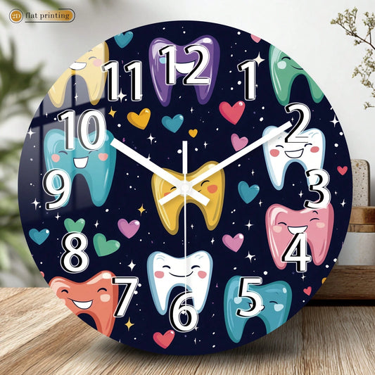 1Pc 2D Flat Cartoon Tooth Heart Star Print Wall Clock, 12Inch Silent Wooden Round Clock For Dining Room Kitchen Cafe, Cute Home Decor Gift