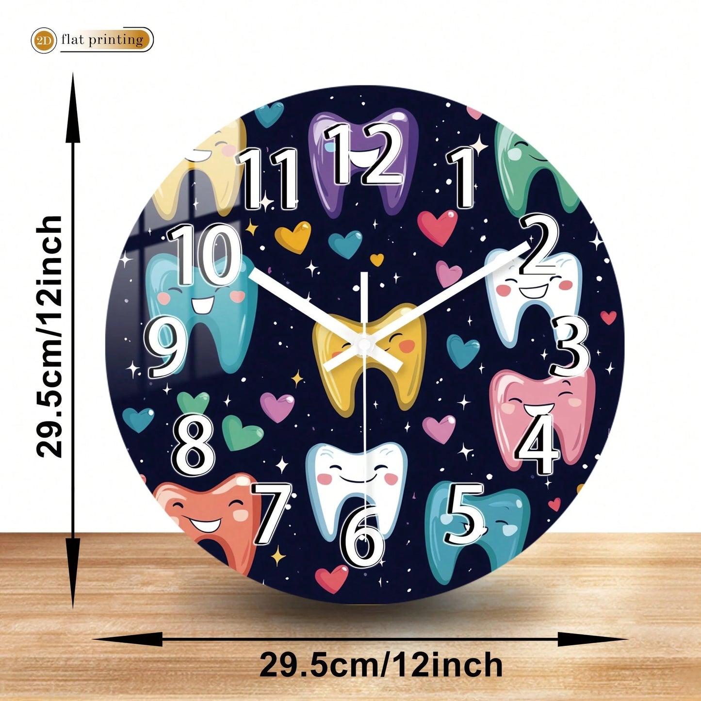 1Pc 2D Flat Cartoon Tooth Heart Star Print Wall Clock, 12Inch Silent Wooden Round Clock For Dining Room Kitchen Cafe, Cute Home Decor Gift