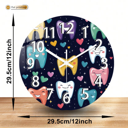 1Pc 2D Flat Cartoon Tooth Heart Star Print Wall Clock, 12Inch Silent Wooden Round Clock For Dining Room Kitchen Cafe, Cute Home Decor Gift