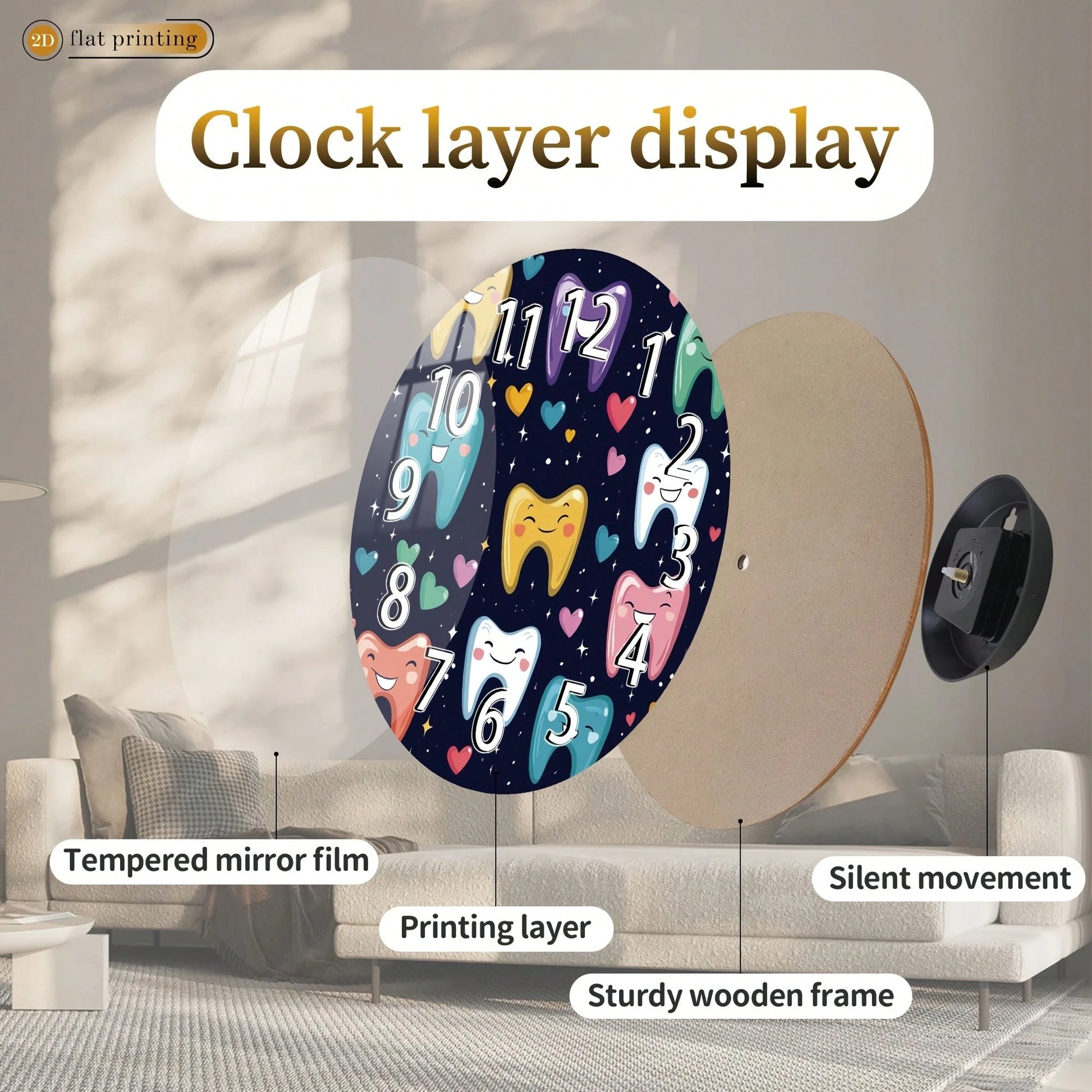 1Pc 2D Flat Cartoon Tooth Heart Star Print Wall Clock, 12Inch Silent Wooden Round Clock For Dining Room Kitchen Cafe, Cute Home Decor Gift