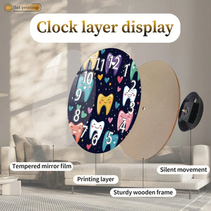 1Pc 2D Flat Cartoon Tooth Heart Star Print Wall Clock, 12Inch Silent Wooden Round Clock For Dining Room Kitchen Cafe, Cute Home Decor Gift