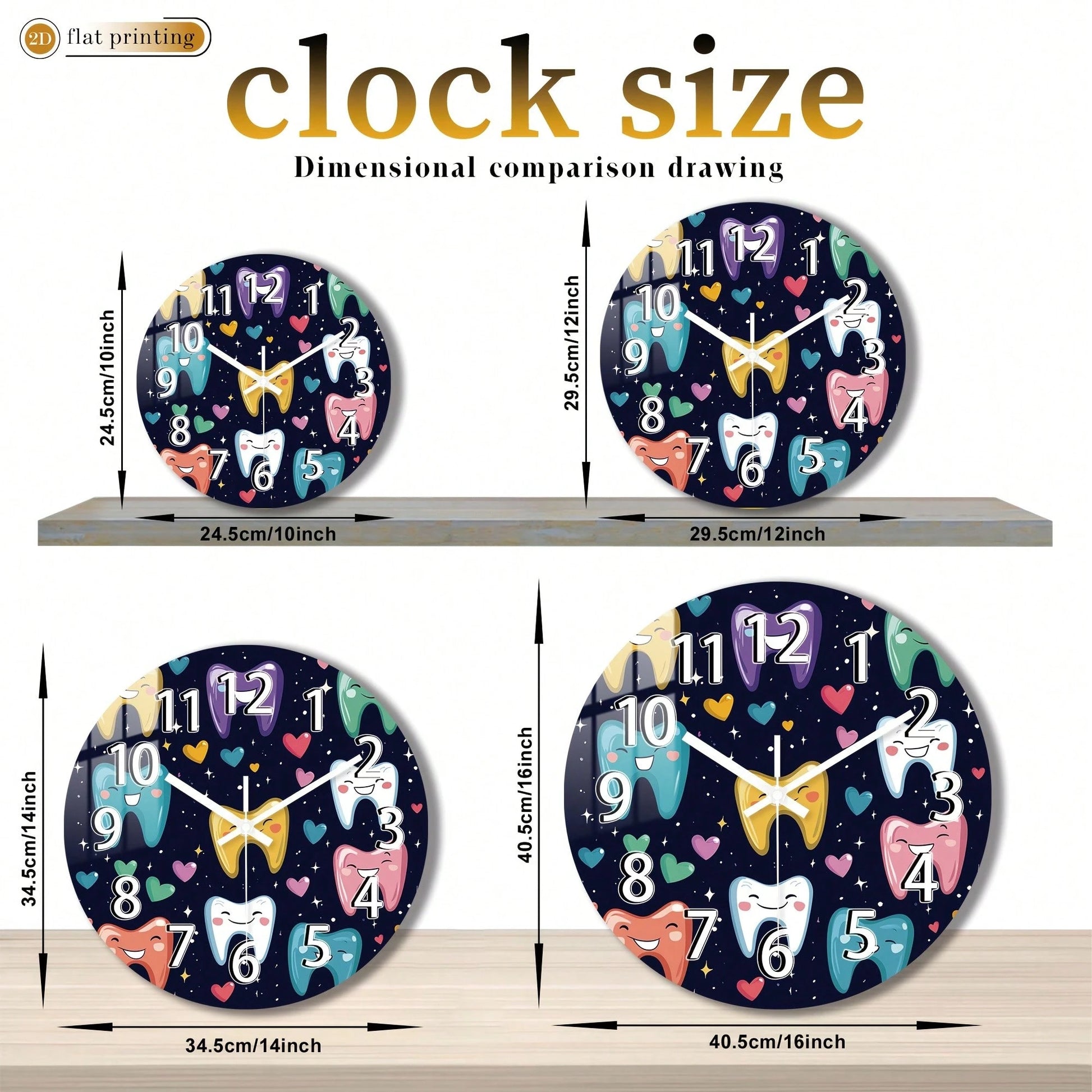 1Pc 2D Flat Cartoon Tooth Heart Star Print Wall Clock, 12Inch Silent Wooden Round Clock For Dining Room Kitchen Cafe, Cute Home Decor Gift
