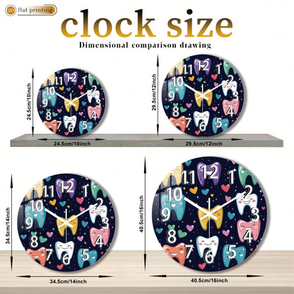 1Pc 2D Flat Cartoon Tooth Heart Star Print Wall Clock, 12Inch Silent Wooden Round Clock For Dining Room Kitchen Cafe, Cute Home Decor Gift