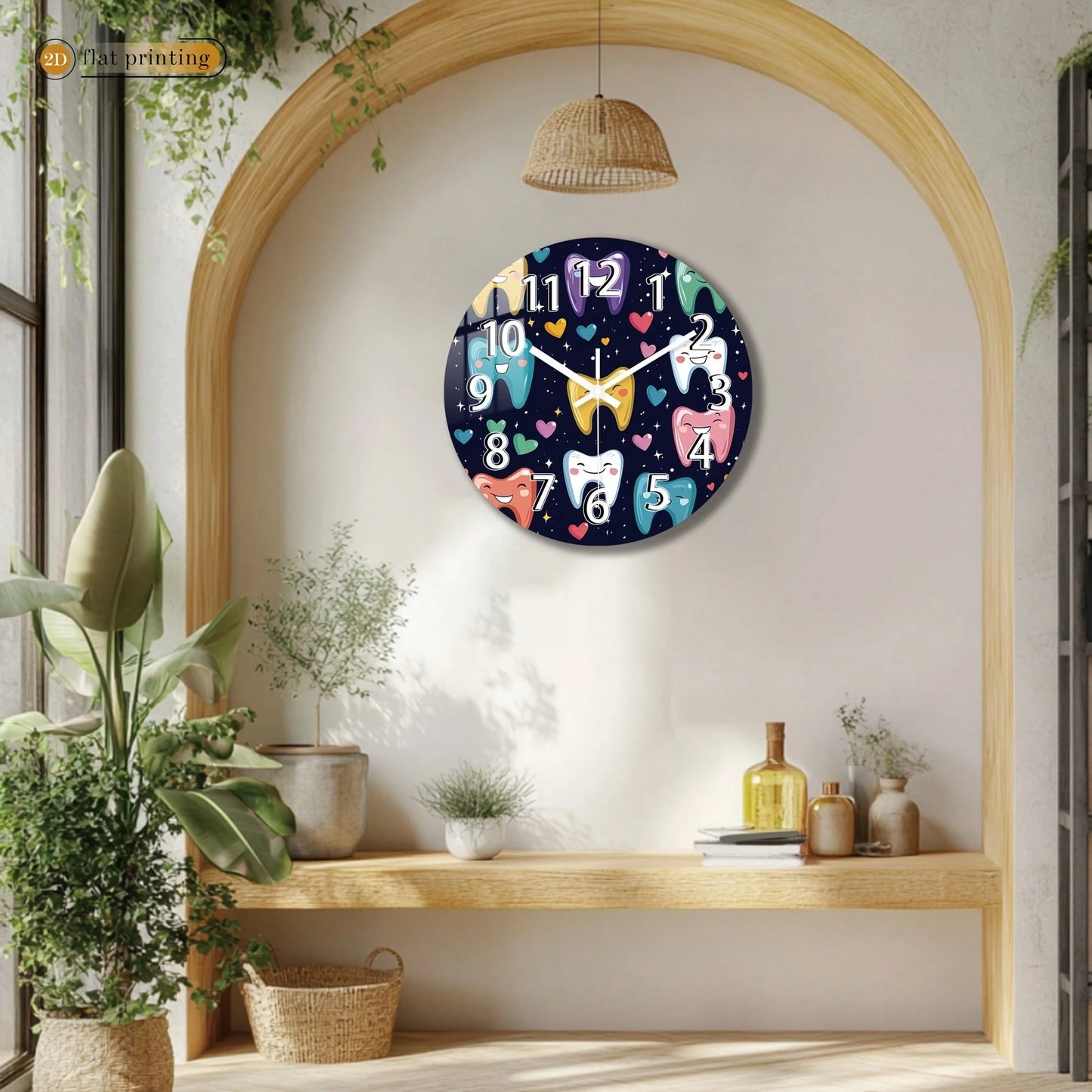 1Pc 2D Flat Cartoon Tooth Heart Star Print Wall Clock, 12Inch Silent Wooden Round Clock For Dining Room Kitchen Cafe, Cute Home Decor Gift