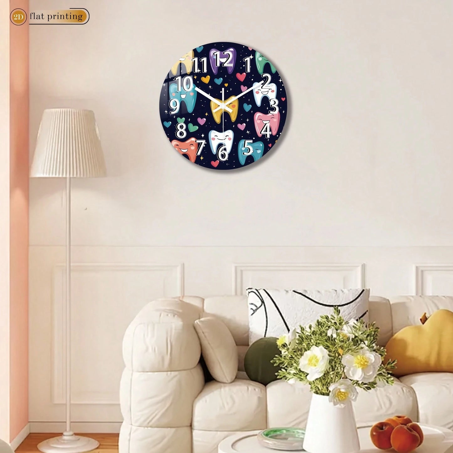 1Pc 2D Flat Cartoon Tooth Heart Star Print Wall Clock, 12Inch Silent Wooden Round Clock For Dining Room Kitchen Cafe, Cute Home Decor Gift