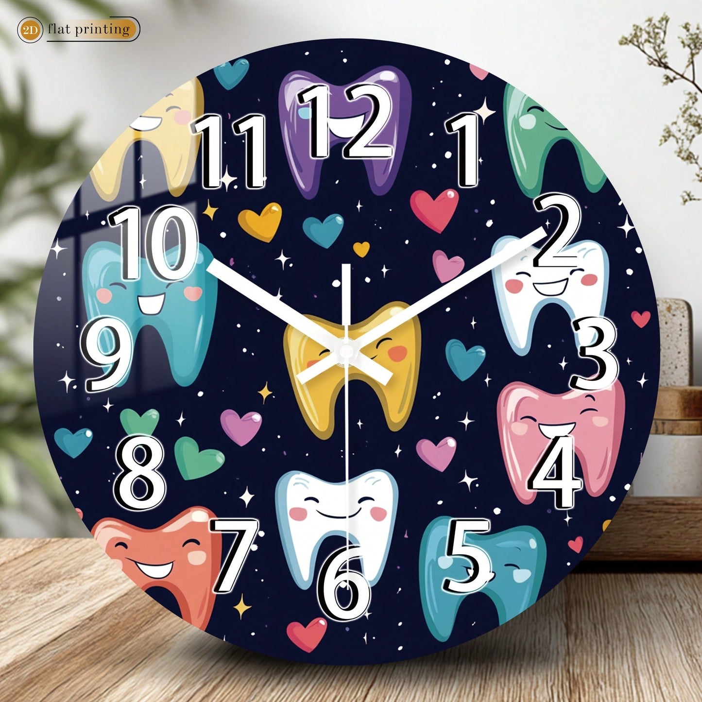 1Pc 2D Flat Cartoon Tooth Heart Star Print Wall Clock, 12Inch Silent Wooden Round Clock For Dining Room Kitchen Cafe, Cute Home Decor Gift