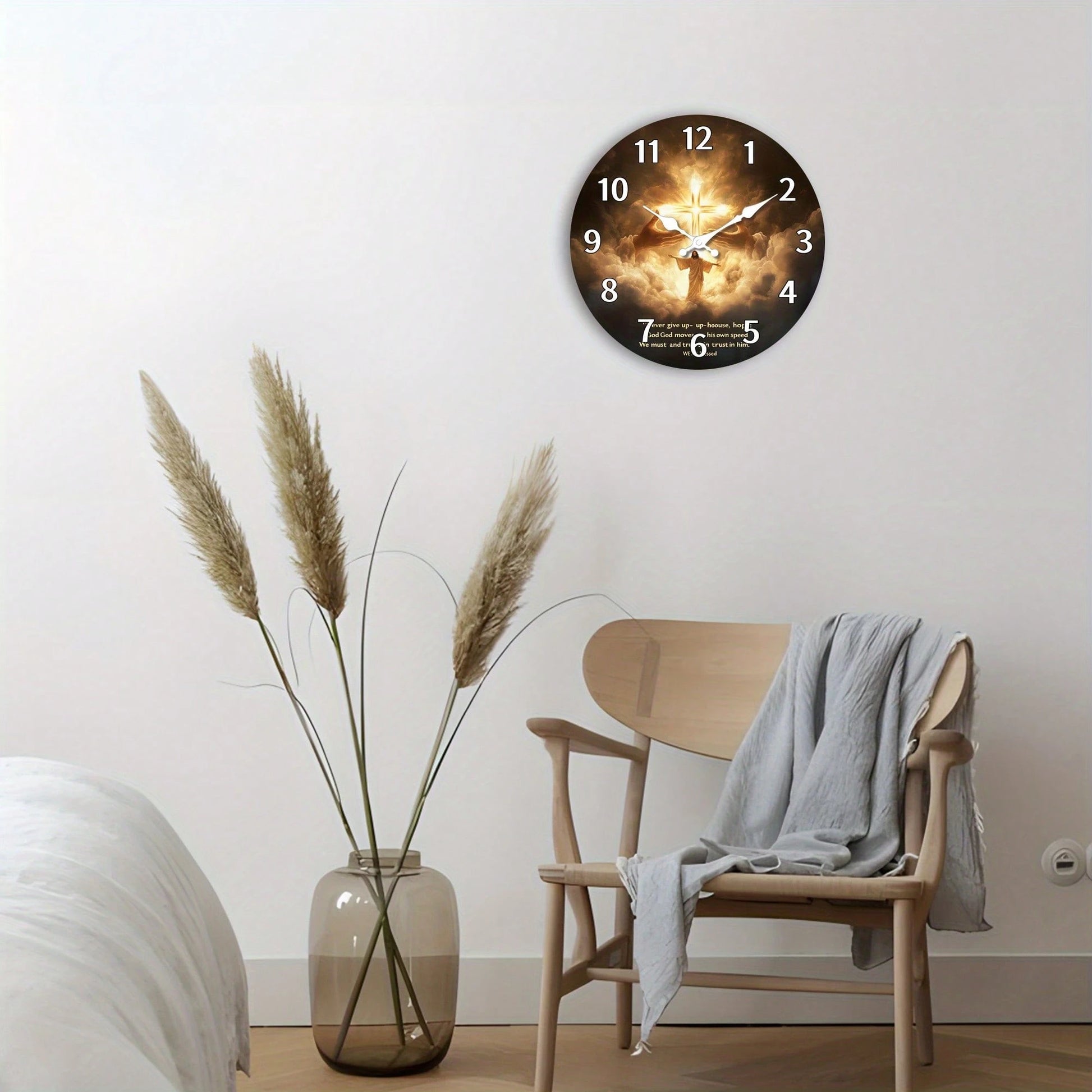 1Pc 2D Flat Jesus Cross Religious Print Wall Clock, 12Inch Silent Wooden Round Clock For Living Room, Religious Home Decor Gift, AA Battery