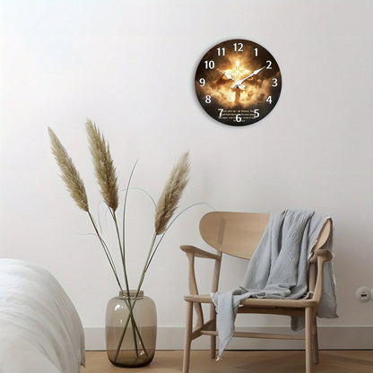 1Pc 2D Flat Jesus Cross Religious Print Wall Clock, 12Inch Silent Wooden Round Clock For Living Room, Religious Home Decor Gift, AA Battery