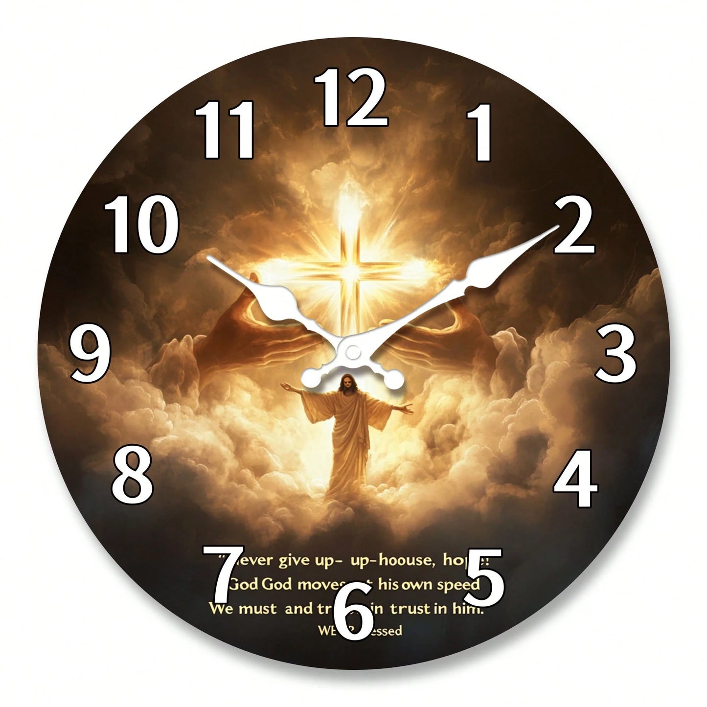 1Pc 2D Flat Jesus Cross Religious Print Wall Clock, 12Inch Silent Wooden Round Clock For Living Room, Religious Home Decor Gift, AA Battery