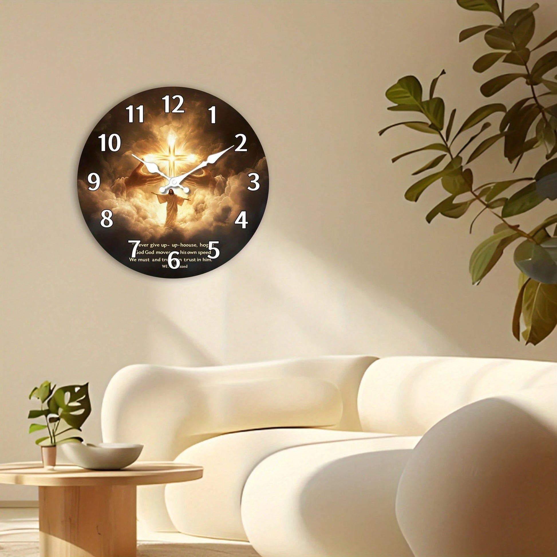 1Pc 2D Flat Jesus Cross Religious Print Wall Clock, 12Inch Silent Wooden Round Clock For Living Room, Religious Home Decor Gift, AA Battery