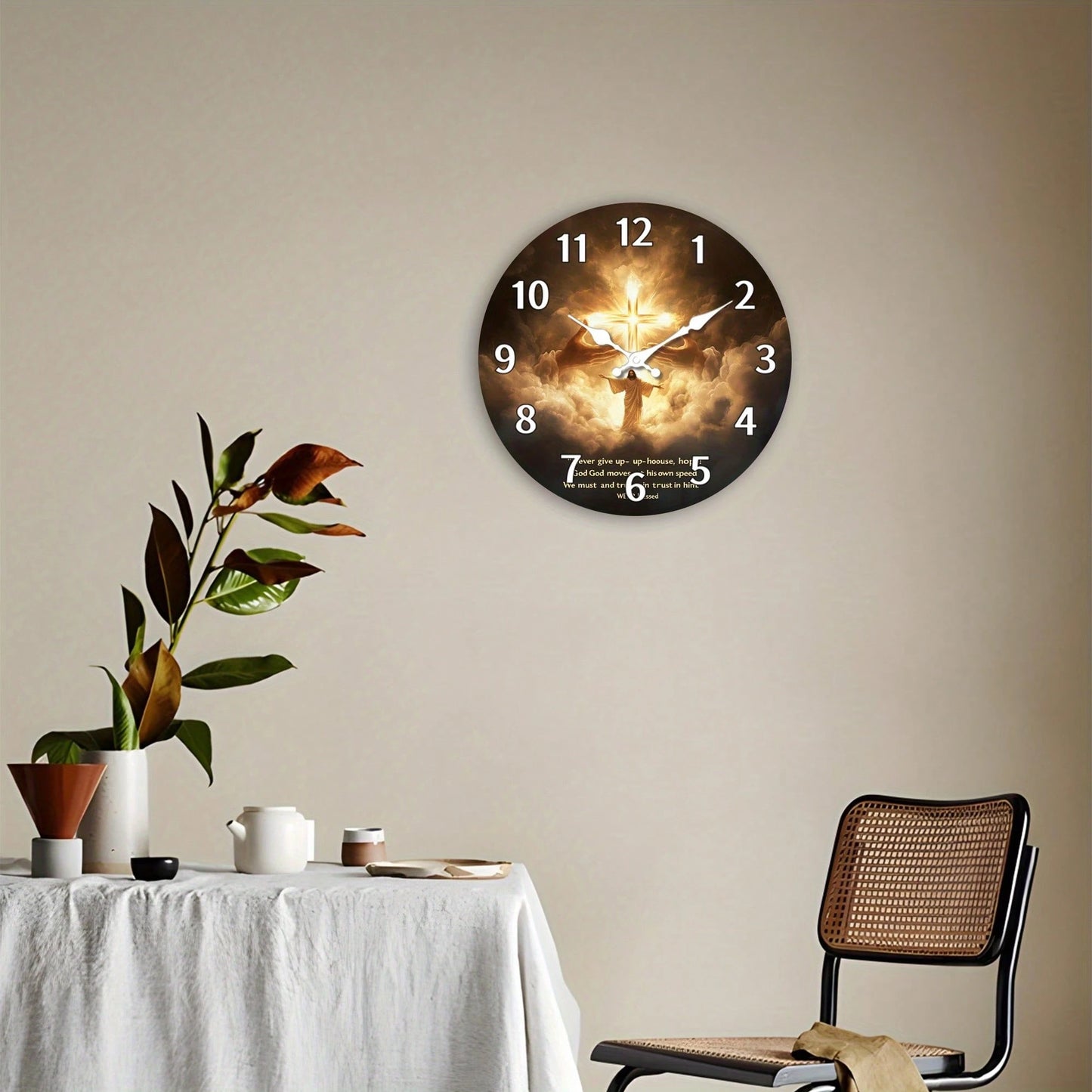 1Pc 2D Flat Jesus Cross Religious Print Wall Clock, 12Inch Silent Wooden Round Clock For Living Room, Religious Home Decor Gift, AA Battery