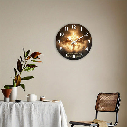 1Pc 2D Flat Jesus Cross Religious Print Wall Clock, 12Inch Silent Wooden Round Clock For Living Room, Religious Home Decor Gift, AA Battery