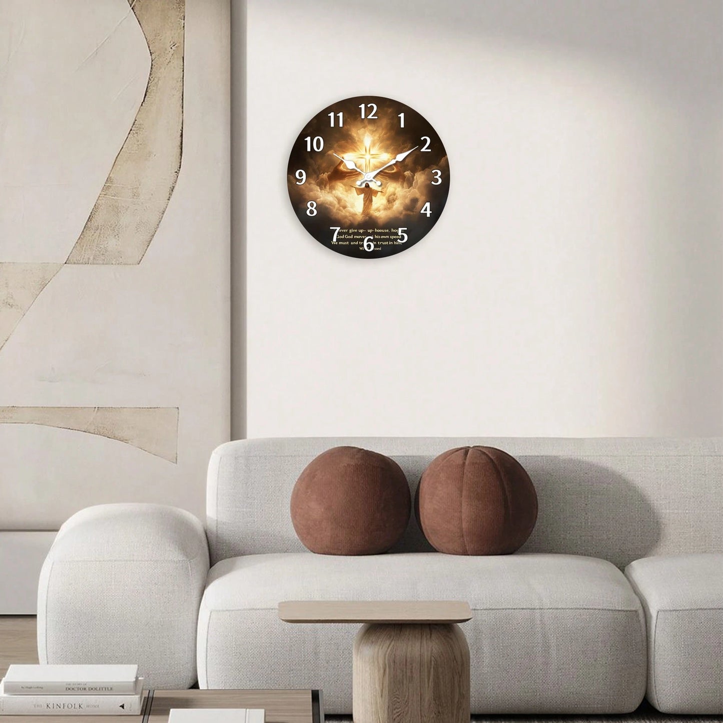 1Pc 2D Flat Jesus Cross Religious Print Wall Clock, 12Inch Silent Wooden Round Clock For Living Room, Religious Home Decor Gift, AA Battery
