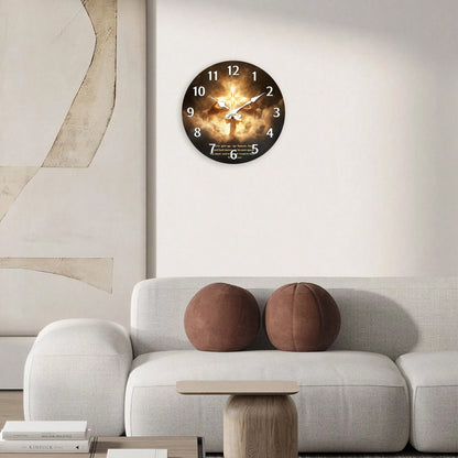 1Pc 2D Flat Jesus Cross Religious Print Wall Clock, 12Inch Silent Wooden Round Clock For Living Room, Religious Home Decor Gift, AA Battery